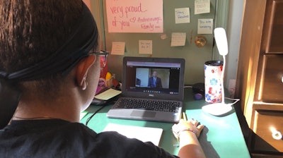 Norristown Area High School student Katie Griffin during a virtual Spanish class at her home in Norristown, Pa., Sept. 3, 2020.