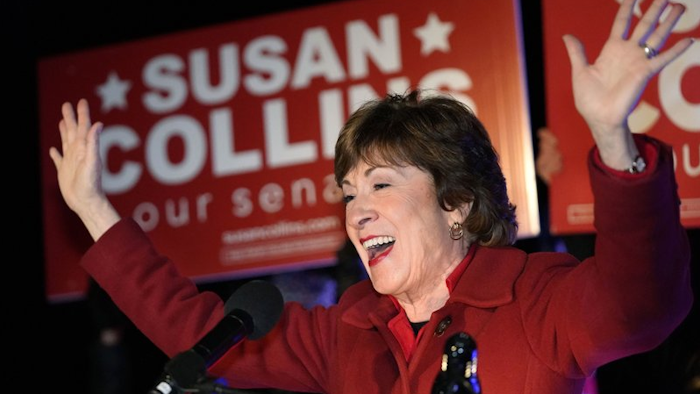 Sen. Susan Collins, R-Maine, addresses supporters in Bangor, Maine, Nov. 4, 2020.