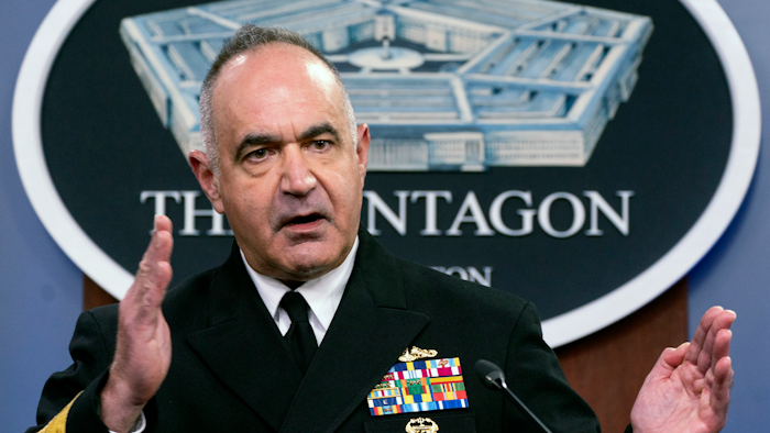 Adm. Charles Richard, commander of the U.S. Strategic Command, during a briefing at the Pentagon in Washington, April 22, 2021.