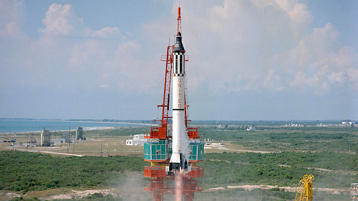 Astronaut Alan Shepard is launched into space atop a Mercury-Redstone rocket from Cape Canaveral, Fla., May 5, 1961.