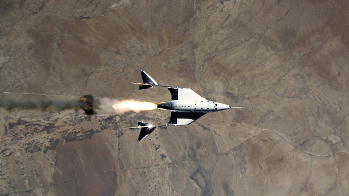 The release of VSS Unity from VMS Eve and the ignition of its rocket motor over Spaceport America, Sierra County, N.M., May 22, 2021.