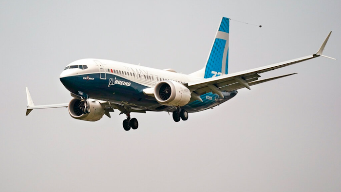 A Boeing 737 Max jet prepares to land at Boeing Field, Seattle, Sept. 30, 2020.