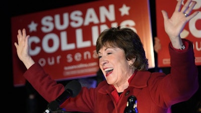 Sen. Susan Collins, R-Maine, addresses supporters in Bangor, Maine, Nov. 4, 2020.