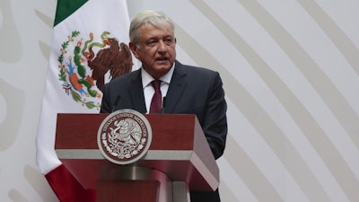 President Andrés Manuel López Obrador gives a speech at the National Palace in Mexico City, April 5, 2020.