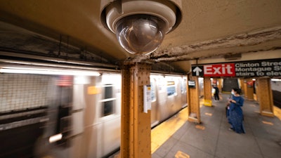 Video surveillance camera above a subway platform in the Court Street station, Brooklyn, New York, Oct. 7, 2020.