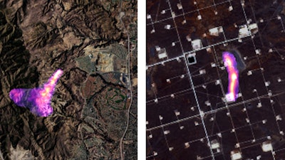 Combination of satellite images showing methane plumes from natural gas sites in Aliso Canyon, north of Los Angeles, Oct. 26, 2015, and the Permian Basin, Texas, Nov. 8, 2020.