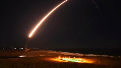 An unarmed Minuteman 3 intercontinental ballistic missile launches during a test at Vandenberg Air Force Base, Calif., Feb. 23, 2021.