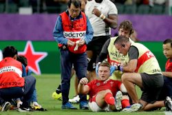 Wales' Dan Biggar is assisted after he was injured during the Rugby World Cup Pool D game at Oita Stadium between Wales and Fiji in Oita, Japan, Oct. 9, 2019.