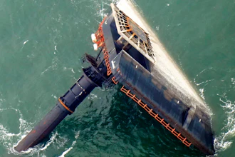 The capsized lift boat Seacor Power is seen seven miles off the coast of Louisiana in the Gulf of Mexico, April 18, 2021.