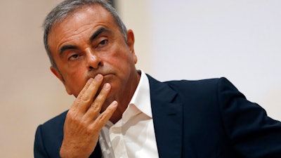 Former Nissan Motor Co. Chairman Carlos Ghosn holds a press conference at the Maronite Christian Holy Spirit University of Kaslik, Lebanon, Sept. 29, 2020.