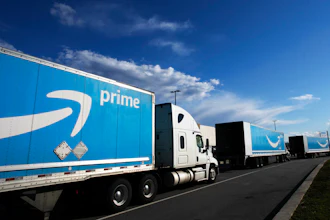 Amazon tractor-trailers outside an Amazon Fulfillment Center, Staten Island, New York, April 21, 2020.