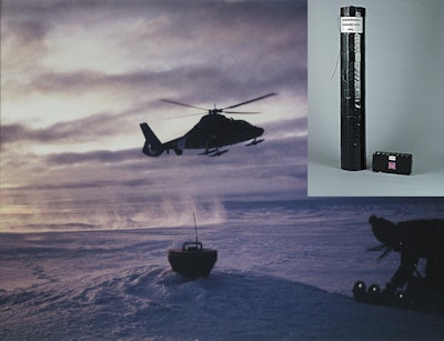 Figure 5: Oceantronics redesigned the battery pack for its GPS/ice buoy, replacing 380 alkaline D cells with a far smaller, lighter, and more economical battery pack using 32 bobbin-type LiSOCl2 cells and four HLCs. Size and weight were reduced by 90% (54 kg down to 3.2 kg), making the GPS/ ice bouy far easier to transport via helicopter to icebergs near the North Pole.