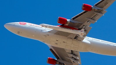 Virgin Orbit's Cosmic Girl Boeing 747-400 takes off from Mojave Air and Space Port, north of Los Angeles.