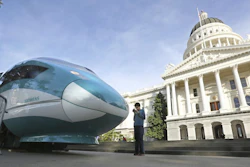 A full-scale mock-up of a high-speed train at the California State Capitol in Sacramento, Feb. 26, 2015.