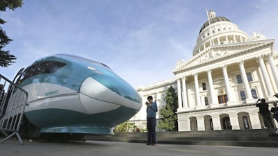 A full-scale mock-up of a high-speed train at the California State Capitol in Sacramento, Feb. 26, 2015.