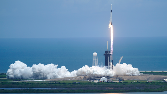 A SpaceX Falcon 9 rocket with a Dragon 2 spacecraft lifts off on pad 39A at the Kennedy Space Center, Cape Canaveral, Fla., June 3, 2021.