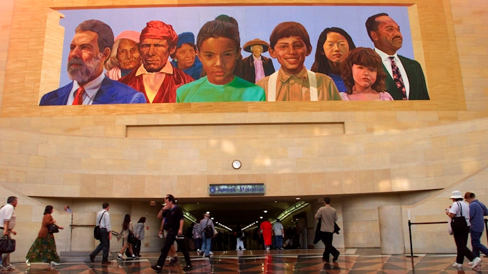 Mural at Amtrack-Metrolink Union Station, Los Angeles, Aug. 30, 2000.