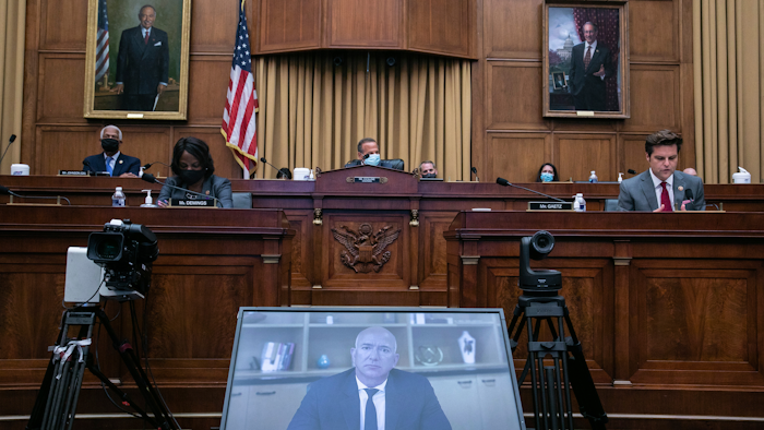 Amazon CEO Jeff Bezos speaks via video conference during a House Judiciary subcommittee hearing on Capitol Hill, July 29, 2020.