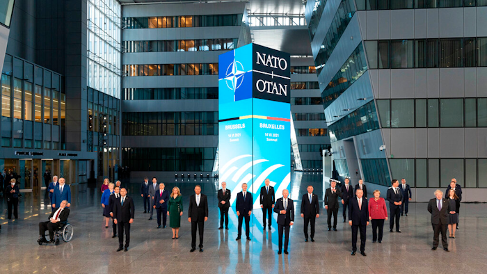 Leaders pose during a family picture at NATO headquarters, June 14, 2021.
