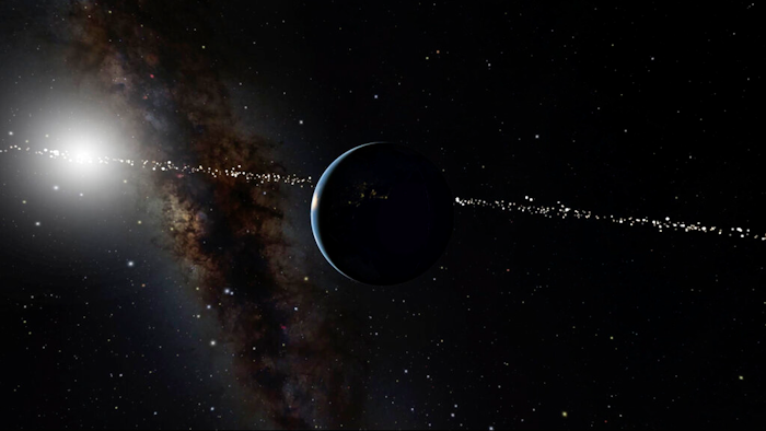 Illustration depicting Earth, center, with the Sun in the background.