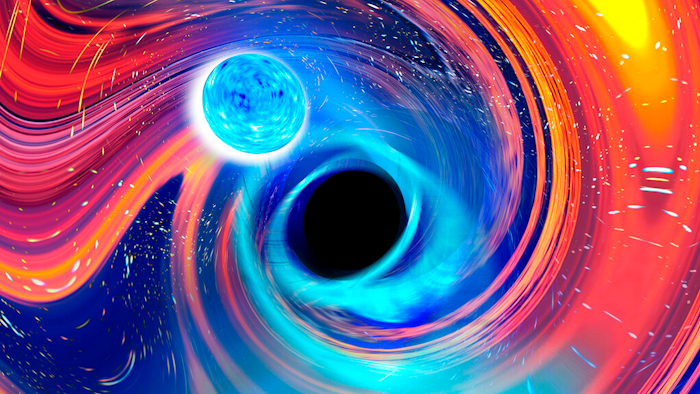 Illustration depicting a black hole swallowing a neutron star.