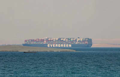 Panama-flagged cargo ship Ever Given anchored in Egypt's Great Bitter Lake, March 30, 2021.