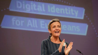 Margrethe Vestager, European commissioner for Europe fit for the digital age, speaks during a media conference at EU headquarters in Brussels, June 3, 2021.