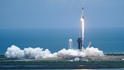 A SpaceX Falcon 9 rocket with a Dragon 2 spacecraft lifts off on pad 39A at the Kennedy Space Center, Cape Canaveral, Fla., June 3, 2021.