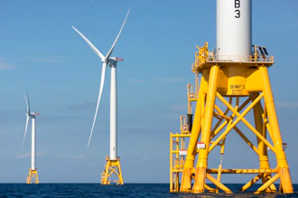 Three wind turbines in the water off Block Island, R.I., Aug. 15, 2016.