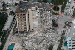Aerial photo of the 12-story Champlain Towers South Condo after a wing of the building collapsed, June 24, 2021, Surfside, Fla.