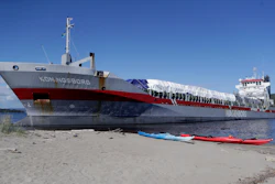 The Koningsborg run aground in the Angerman River in Sando, Sweden, June 24, 2021.