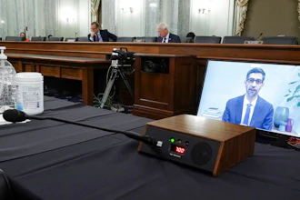 Google CEO Sundar Pichais speaks remotely during a hearing before the Senate Commerce Committee on Capitol Hill, Oct. 28, 2020.