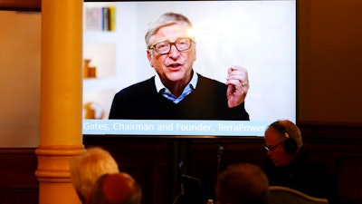 TerraPower Founder and Chairman Bill Gates speaks to the crowd in a recorded video message during the press conference Wyoming Capitol, Wednesday, June 2, 2021, in Cheyenne, Wyo., announcing efforts to advance a Natrium reactor demonstration project. 'We think Natrium will be a game-changer for the energy industry,' Gates said by video link to a news conference hosted by Gov. Mark Gordon. 'Wyoming has been a leader in energy for over the century and we hope our investment in Natrium will help Wyoming to stay in the lead for many decades to come.'