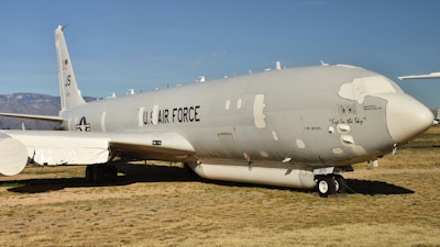 An E-8 JSTARS surveillance plane in long-term storage at the Air Force 'Boneyard' at Davis-Monthan AFB, Tucson, Ariz., Jan. 2019.