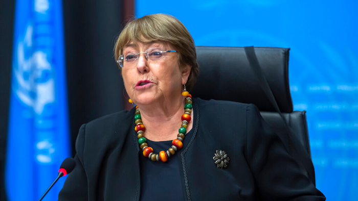 Michelle Bachelet, UN High Commissioner for Human Rights, speaks during a press conference at the European headquarters of the United Nations in Geneva, Switzerland, Dec. 9, 2020.