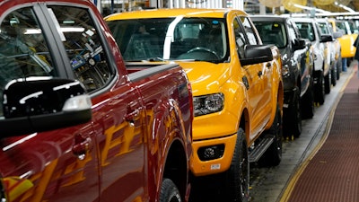 Ford Ranger trucks on the assembly line at Michigan Assembly, June 14, 2021, in Wayne, Mich.