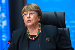 Michelle Bachelet, UN High Commissioner for Human Rights, speaks during a press conference at the European headquarters of the United Nations in Geneva, Switzerland, Dec. 9, 2020.