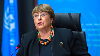 Michelle Bachelet, UN High Commissioner for Human Rights, speaks during a press conference at the European headquarters of the United Nations in Geneva, Switzerland, Dec. 9, 2020.