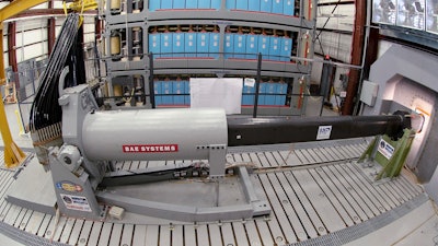 An electromagnetic railgun prototype launcher at the Naval Surface Warfare Center, Dahlgren Division test facility, Dahlgren, Va., Feb. 23, 2012.
