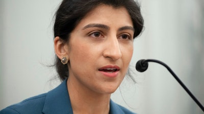 Lina Khan, nominee for commissioner of the Federal Trade Commission, speaks during her confirmation hearing on Capitol Hill, April 21, 2021.