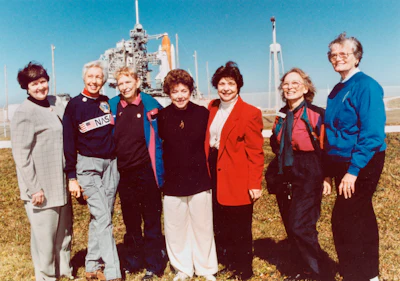From left, Gene Nora Jessen, Wally Funk, Jerrie Cobb, Jerri Truhill, Sarah Rutley, Myrtle Cagle and Bernice Steadman, members of the FLATs, also known as the Mercury 13, at a 1995 shuttle launch in Florida.