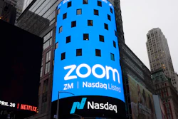 A sign for Zoom Video Communications ahead of the company's Nasdaq IPO in New York, April 18, 2019.