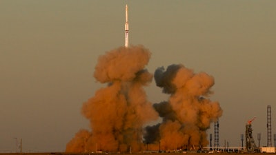 A Proton-M booster rocket carrying the Nauka module blasts off from the launch pad at Russia's space facility in Baikonur, Kazakhstan, July 21, 2021.
