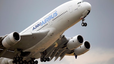 An Airbus A380 takes off for its demonstration flight at the Paris Air Show, June 18, 2015.