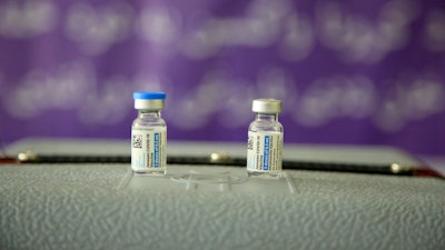 Vials of the Johnson & Johnson COVID-19 vaccine sit on a tray at Kabul University, Afghanistan, July 29, 2021.