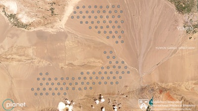 Satellite image annotated to show what analysts believe is a field of intercontinental ballistic missile silos near Yumen, China, June 4, 2021.