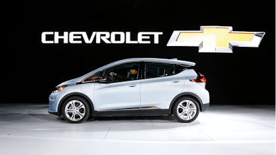 In this Jan. 9, 2017 file photo the Chevrolet Bolt is on display at the North American International Auto Show in Detroit. General Motors is recalling some older Chevrolet Bolts, Friday, July 23, 2021, for a second time to fix persistent battery problems that can set the electric cars ablaze.