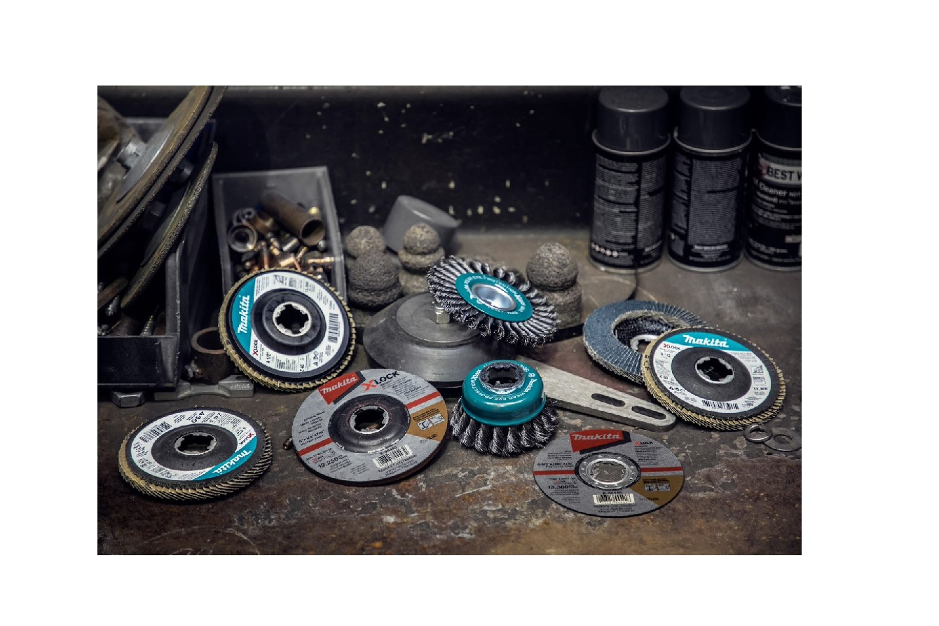 Makita X-LOCK accessories include diamond blades, flap discs, and wire brushes and wheels for quick, tool-less accessory changes on X-LOCK angle grinders.