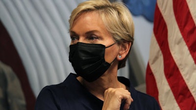 U.S. Energy Secretary Jennifer Granholm talks with renewable energy developers in Albuquerque, Aug. 18, 2021.