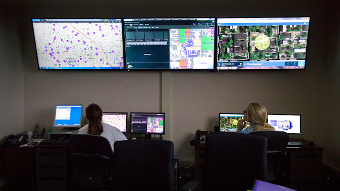 ShotSpotter technologies in a strategic decision support center at the Chicago Police Department's 11th district headquarters, Feb. 8, 2017.